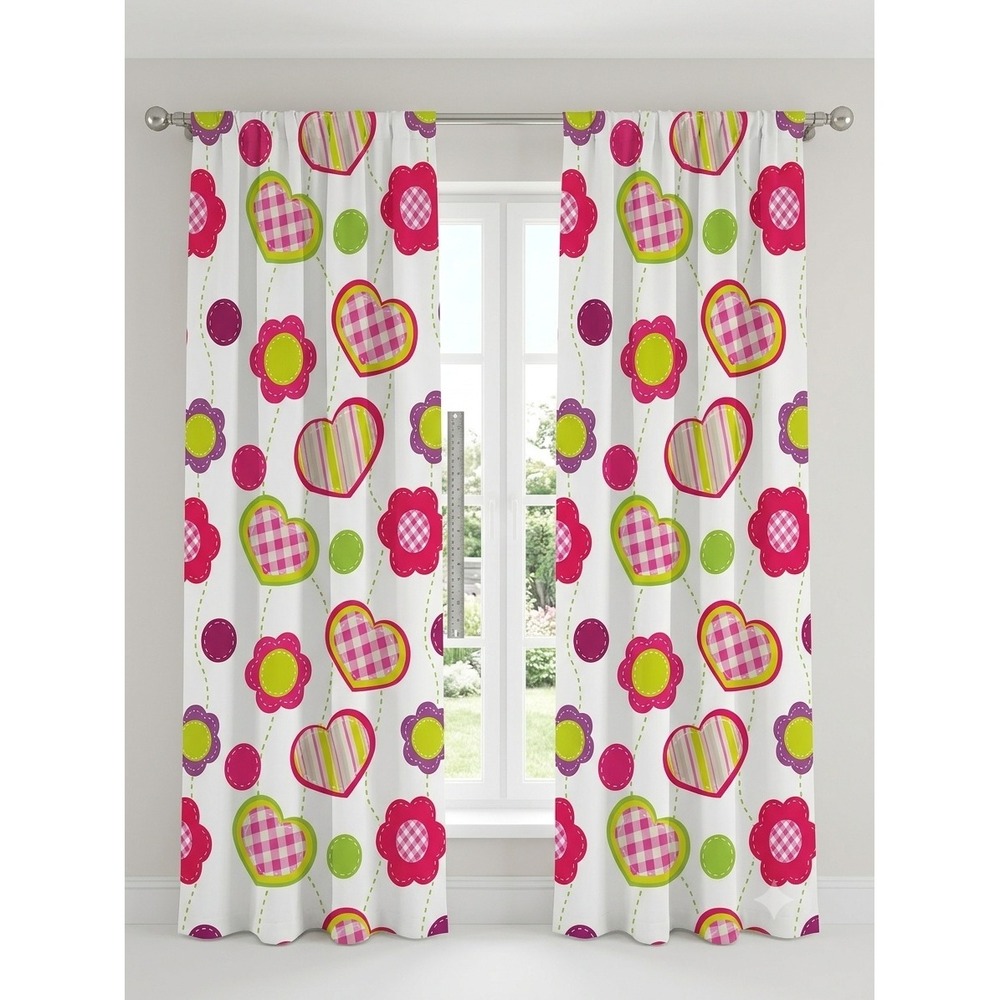 Ambesonne Hearts Flowers Window Curtains Pink Green 2 Panel Set 56x63 Rod Pocket